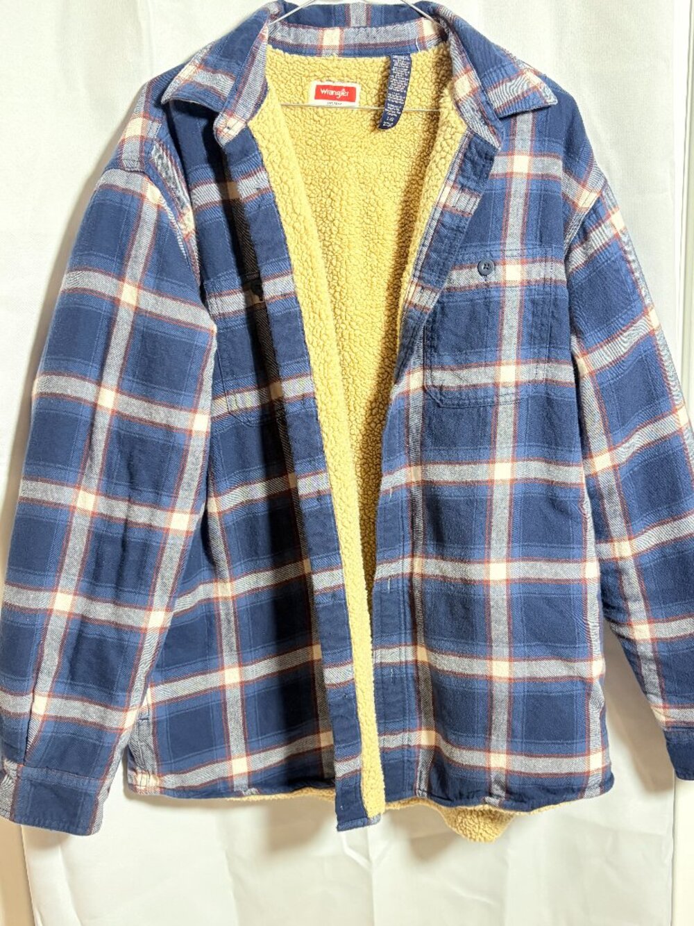Wrangler Men’s Large Blue Plaid Sherpa Lined Flannel Shirt Jacket